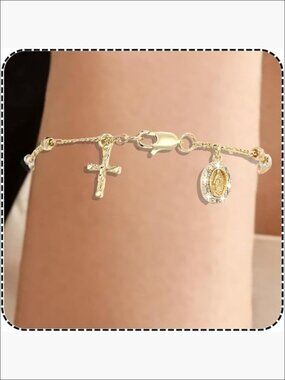14K Gold Plated Rosary Charm Bracelet with Virgin Mary and Cross